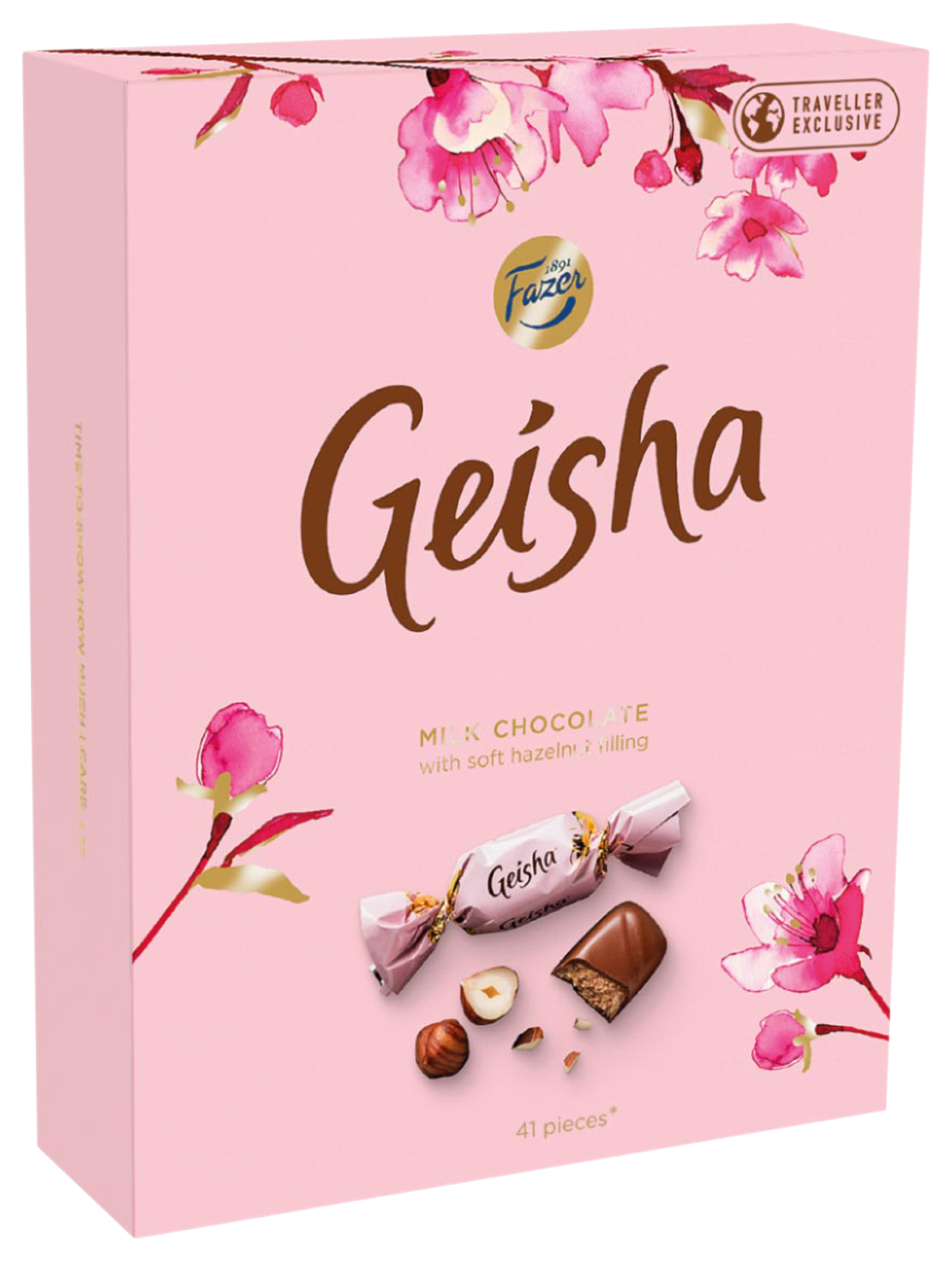 Rosa Verpackung der Geisha Milchschokolade von Fazer mit Haselnussfüllung und 41 Stück Schokolade, verziert mit rosa Blüten.